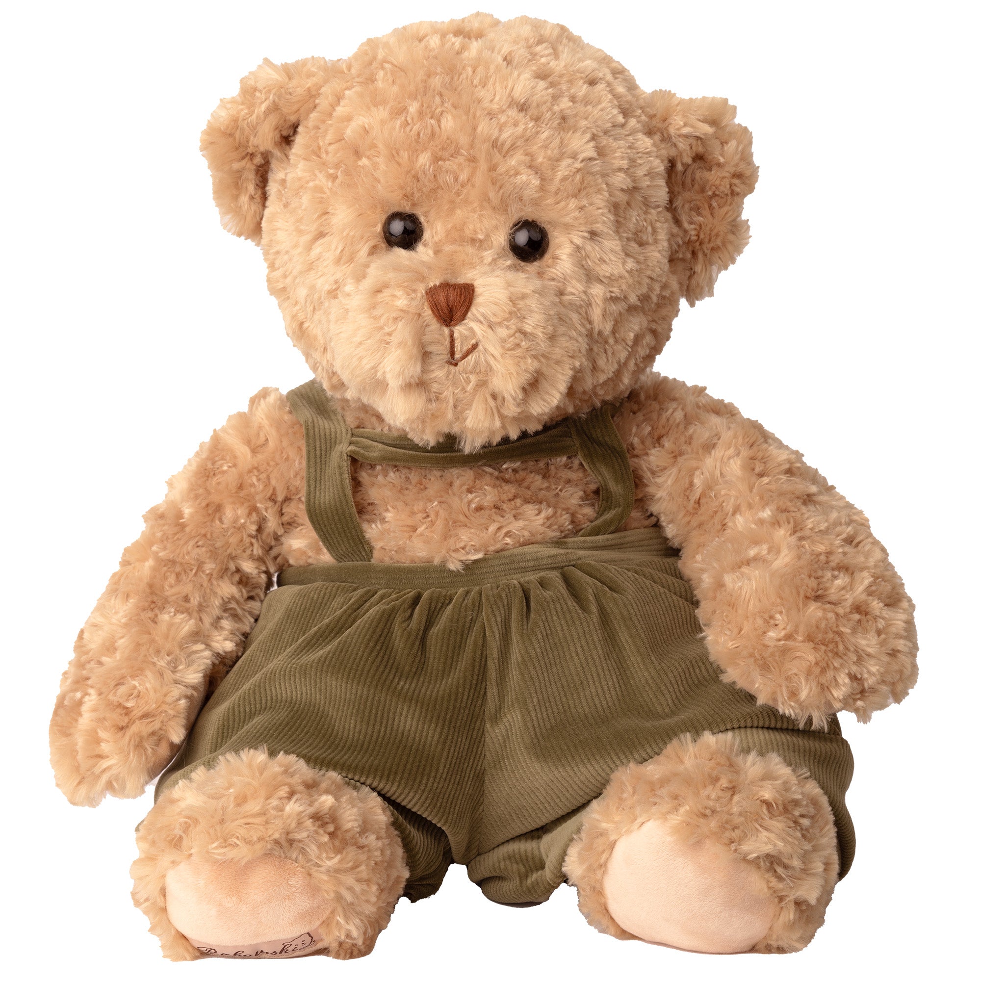 Charming 24-inch Curly Brown Bear Plush Toy, Festive Olive Overalls