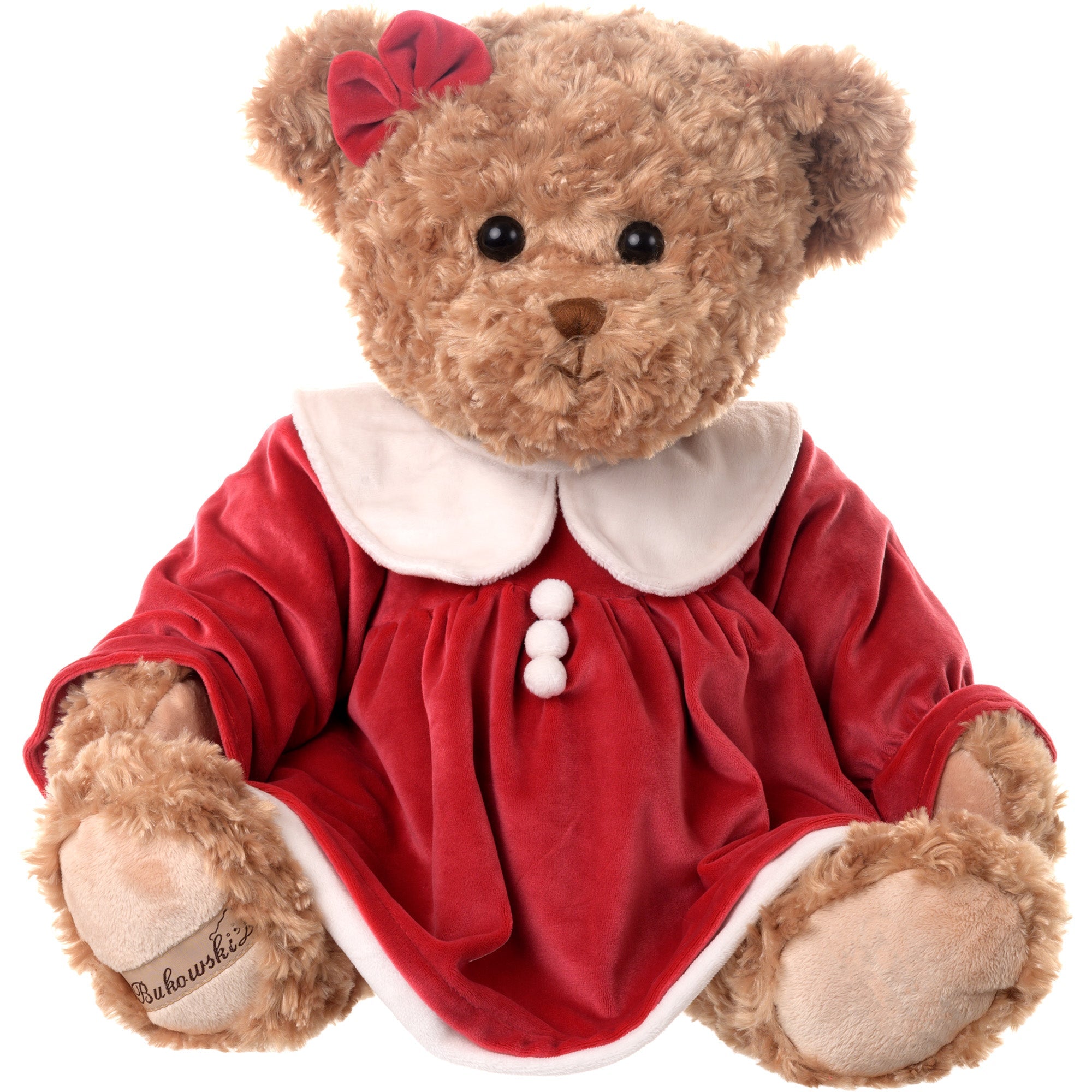 The Great Celine Large Curly Brown Christmas Bear Plush in Festive Dress