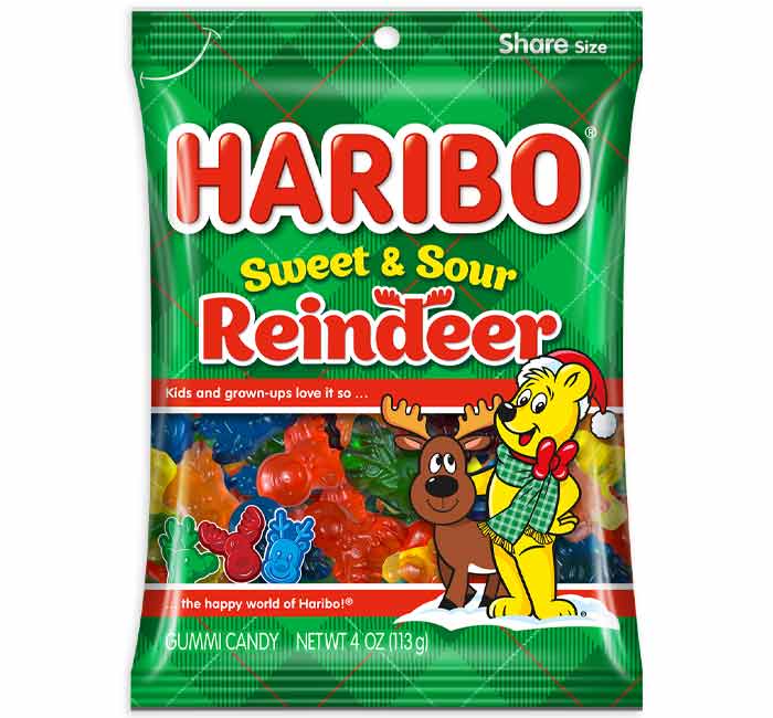 HARIBO Sweet & Sour Reindeer Holiday Candy Bag 4 oz 12-Count