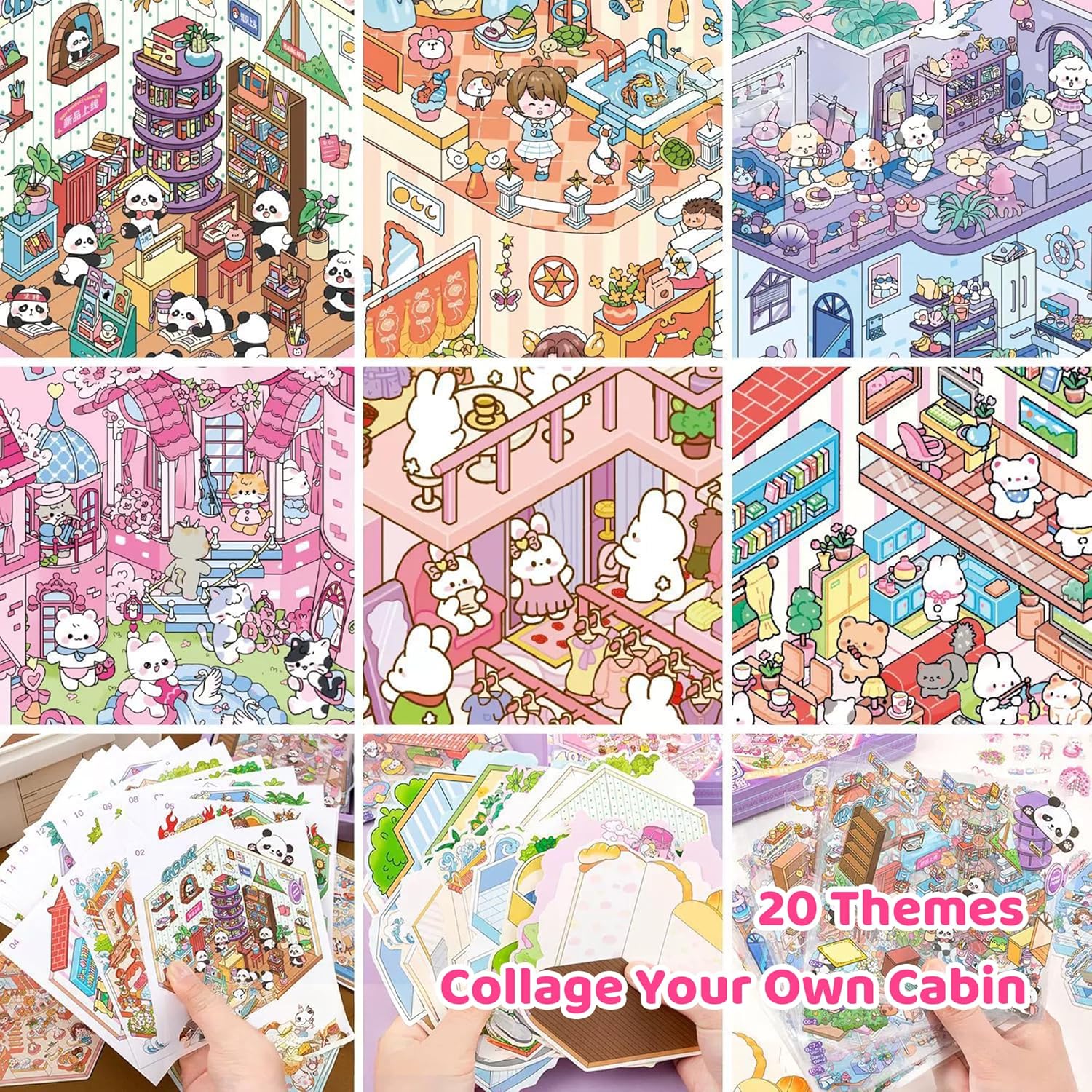 20 Sets 3D Sticker Scenes: DIY Miniature Cartoon Animals & Houses Stress Relief Fun