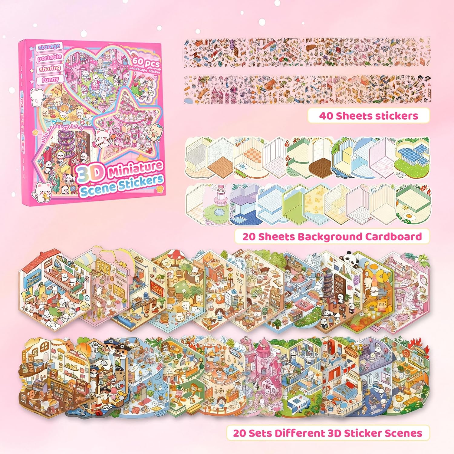 20 Sets 3D Sticker Scenes: DIY Miniature Cartoon Animals & Houses Stress Relief Fun