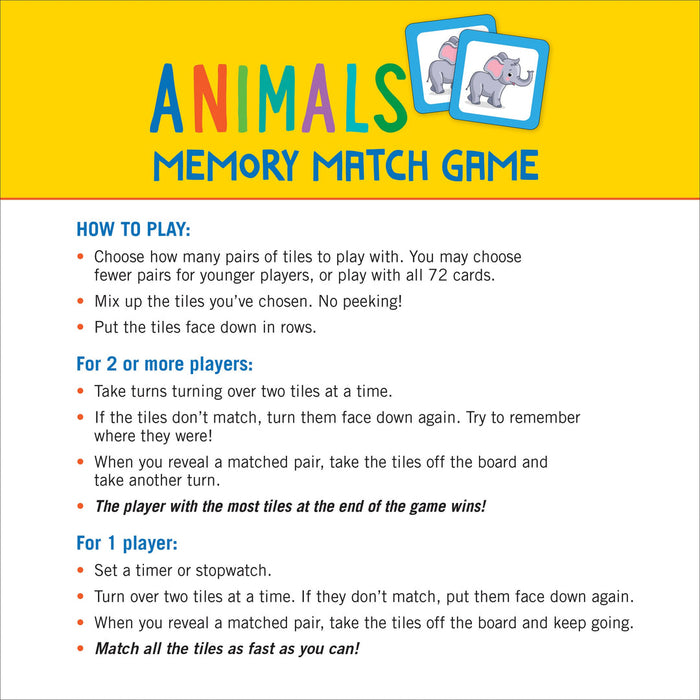 Peter Pauper Press Animals Memory Match Game Set of 72 Cards