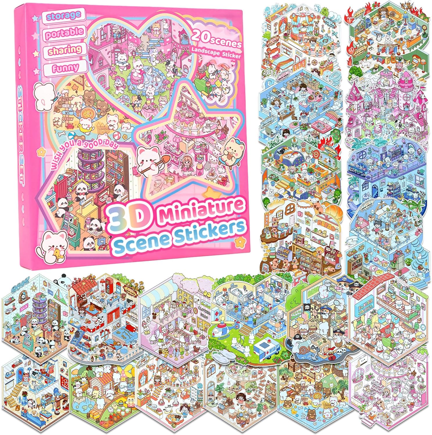 20 Sets 3D Sticker Scenes: DIY Miniature Cartoon Animals & Houses Stress Relief Fun