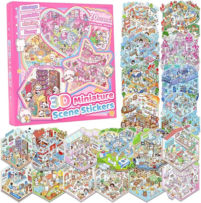 20 Sets 3D Sticker Scenes: DIY Miniature Cartoon Animals & Houses Stress Relief Fun