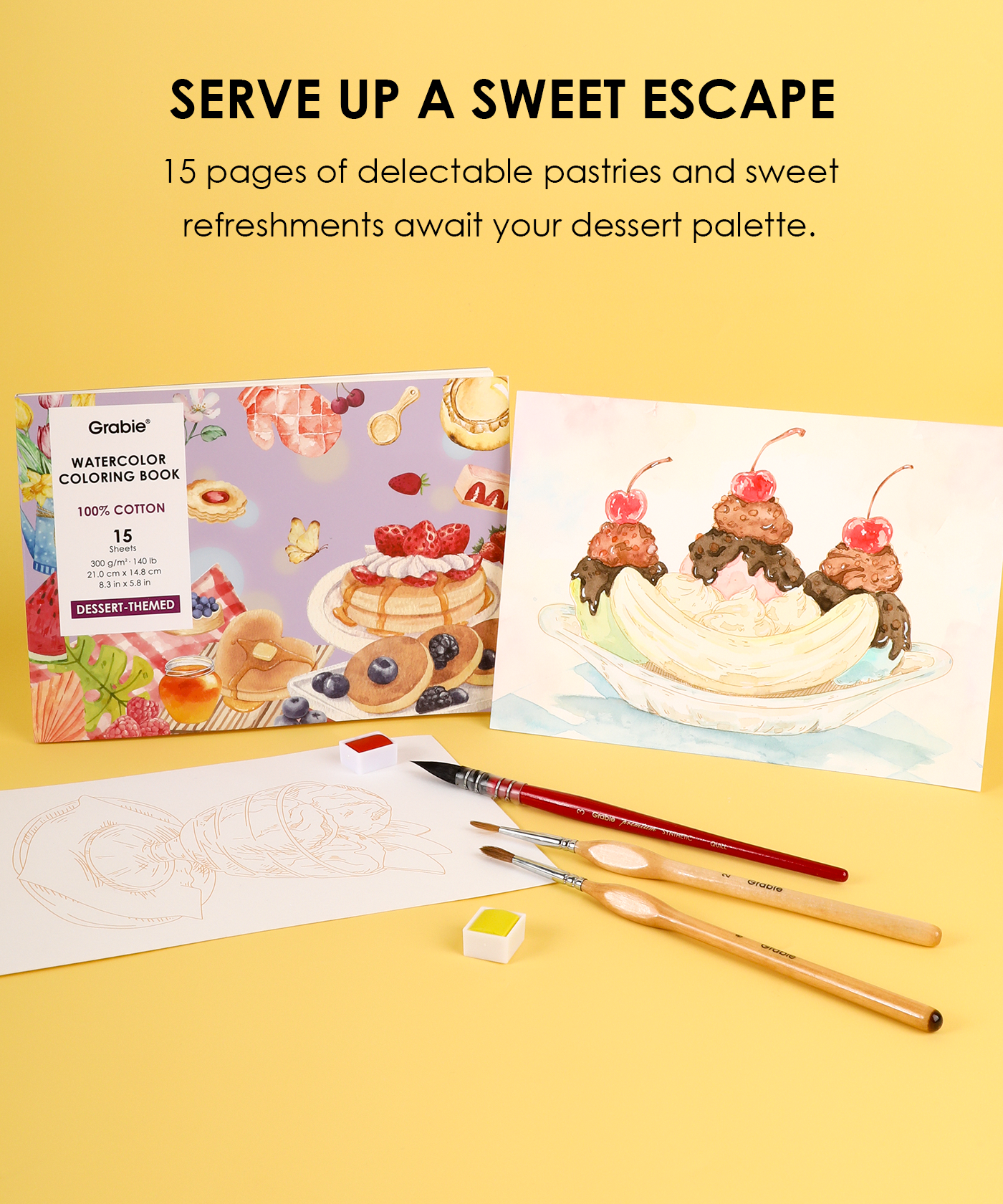Grabie Dessert-Themed Watercolor Coloring Book 15-Sheet Set