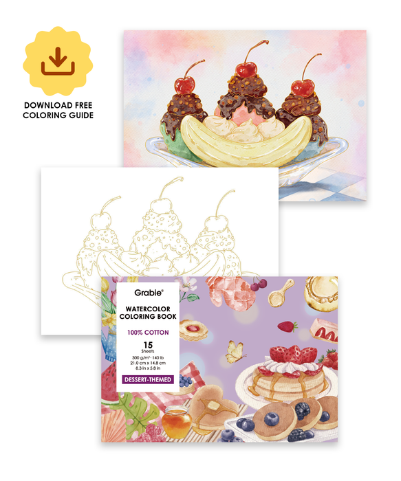 Grabie Dessert-Themed Watercolor Coloring Book 15-Sheet Set