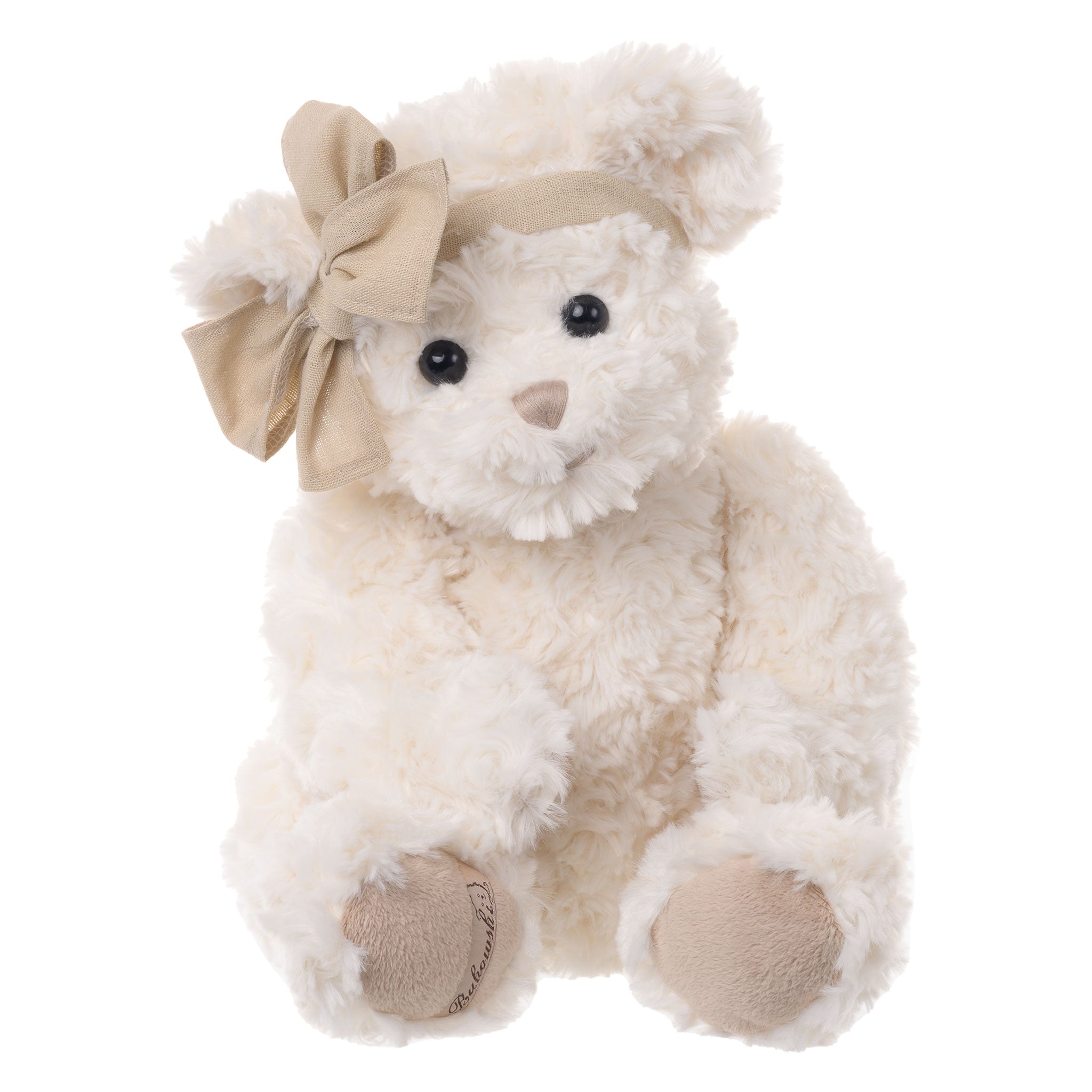 Emma Sweet Cream Wavy Fur Plush Bear Pal, Tan Bow Friend