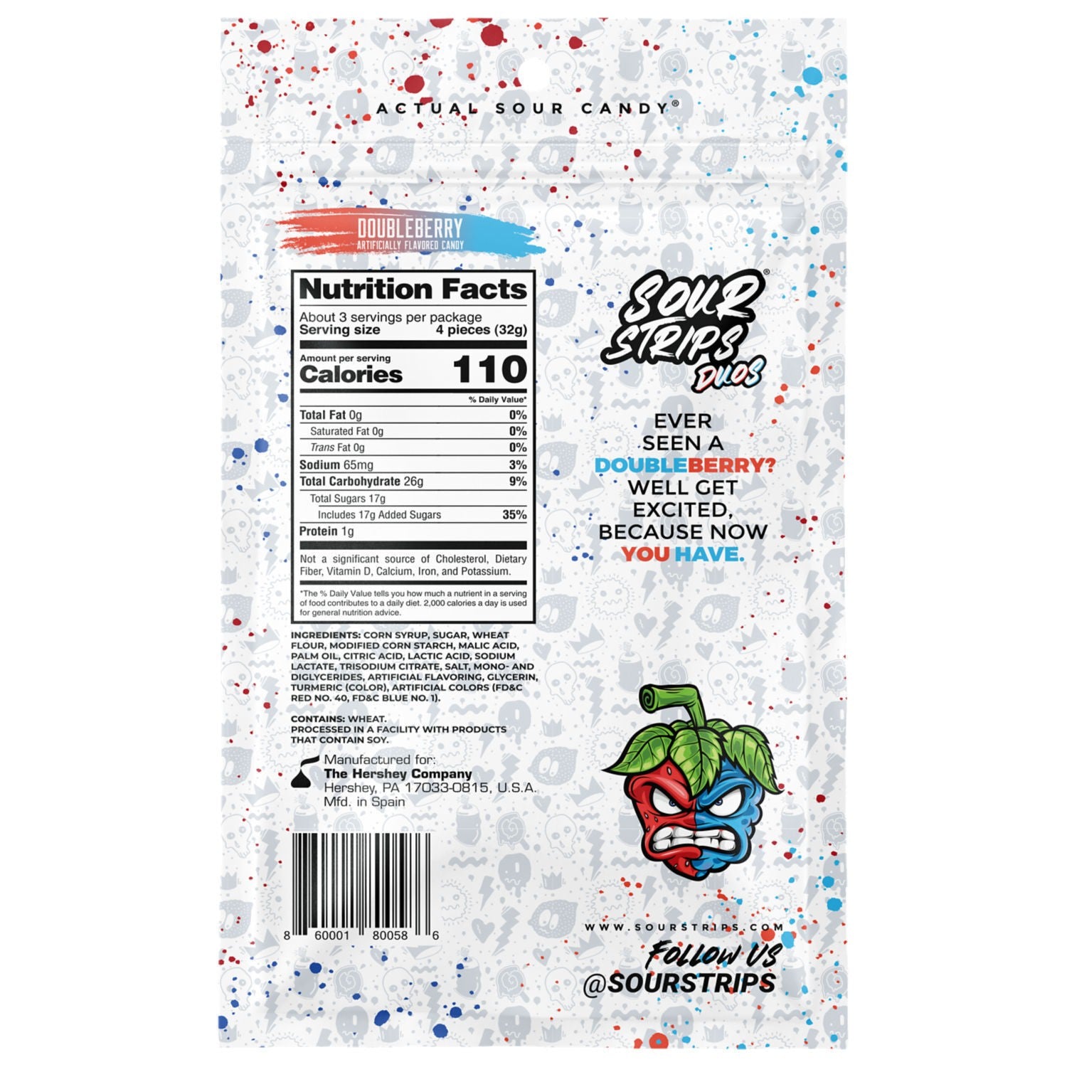 Sour Strips Duos Doubleberry Flavored Chewy Candy 3.4oz