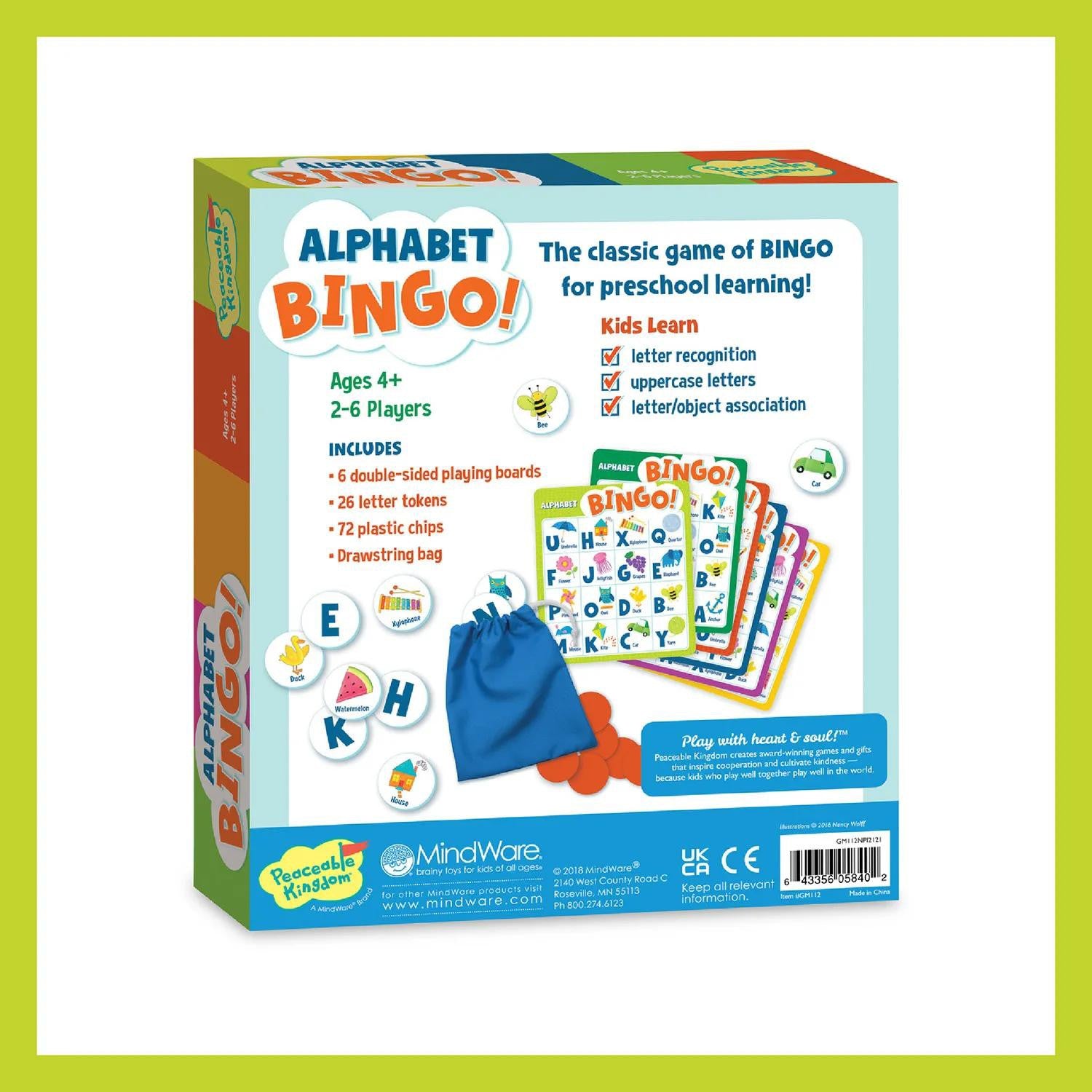 Alphabet Bingo Peaceable Kingdom Board Game Ages 4+