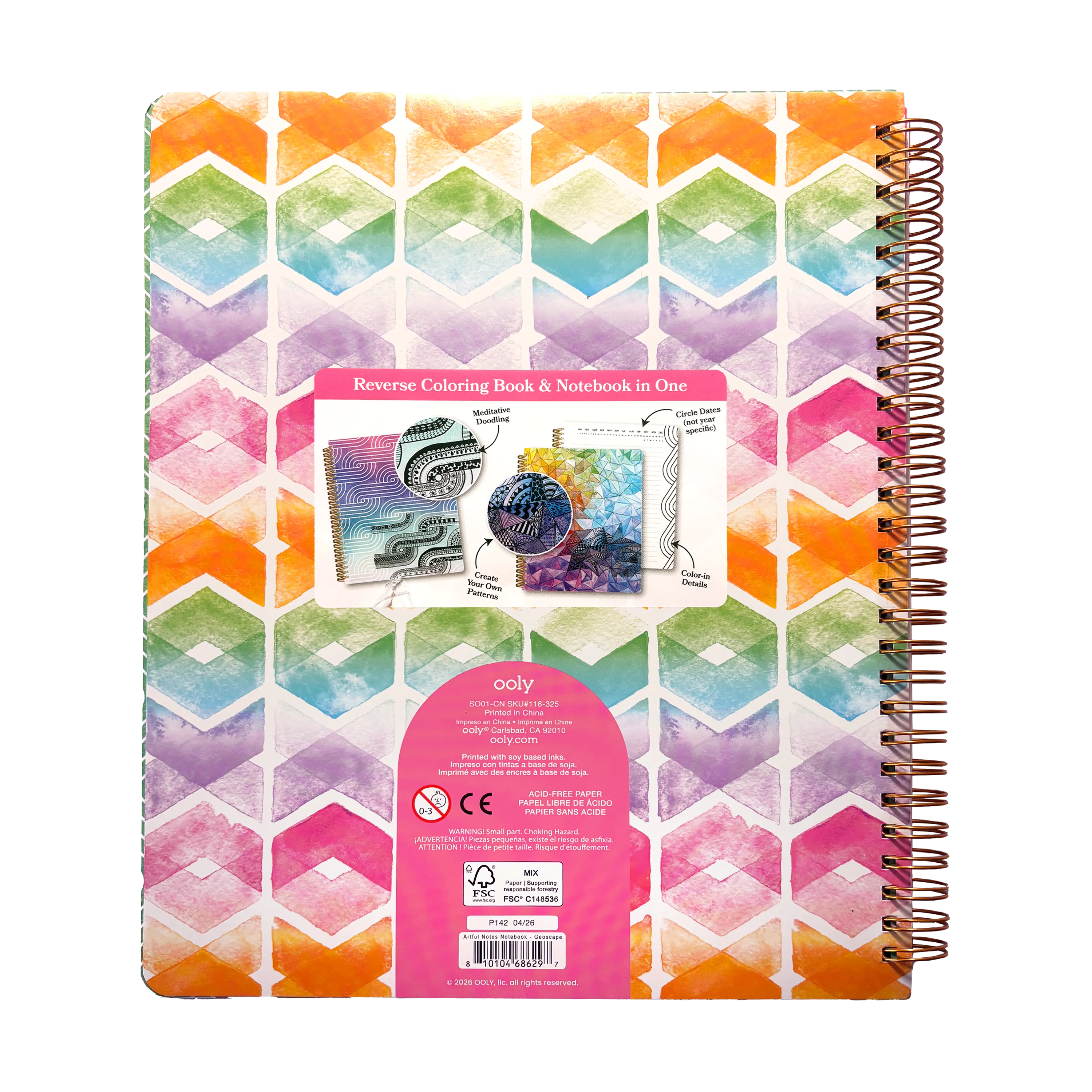 OOLY Artful Notes Geoscape Reverse Coloring Notebook 100 Pages