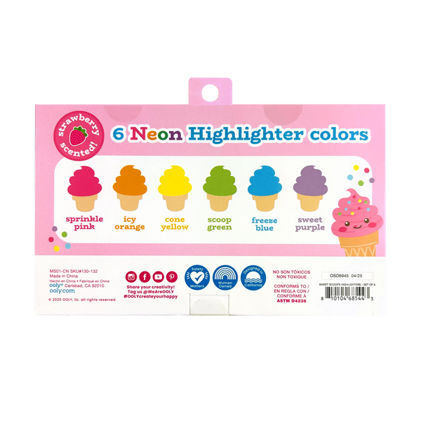 Sweet Scoops Vibrant Scented Neon Highlighters Set of 6 Smudge Proof Markers