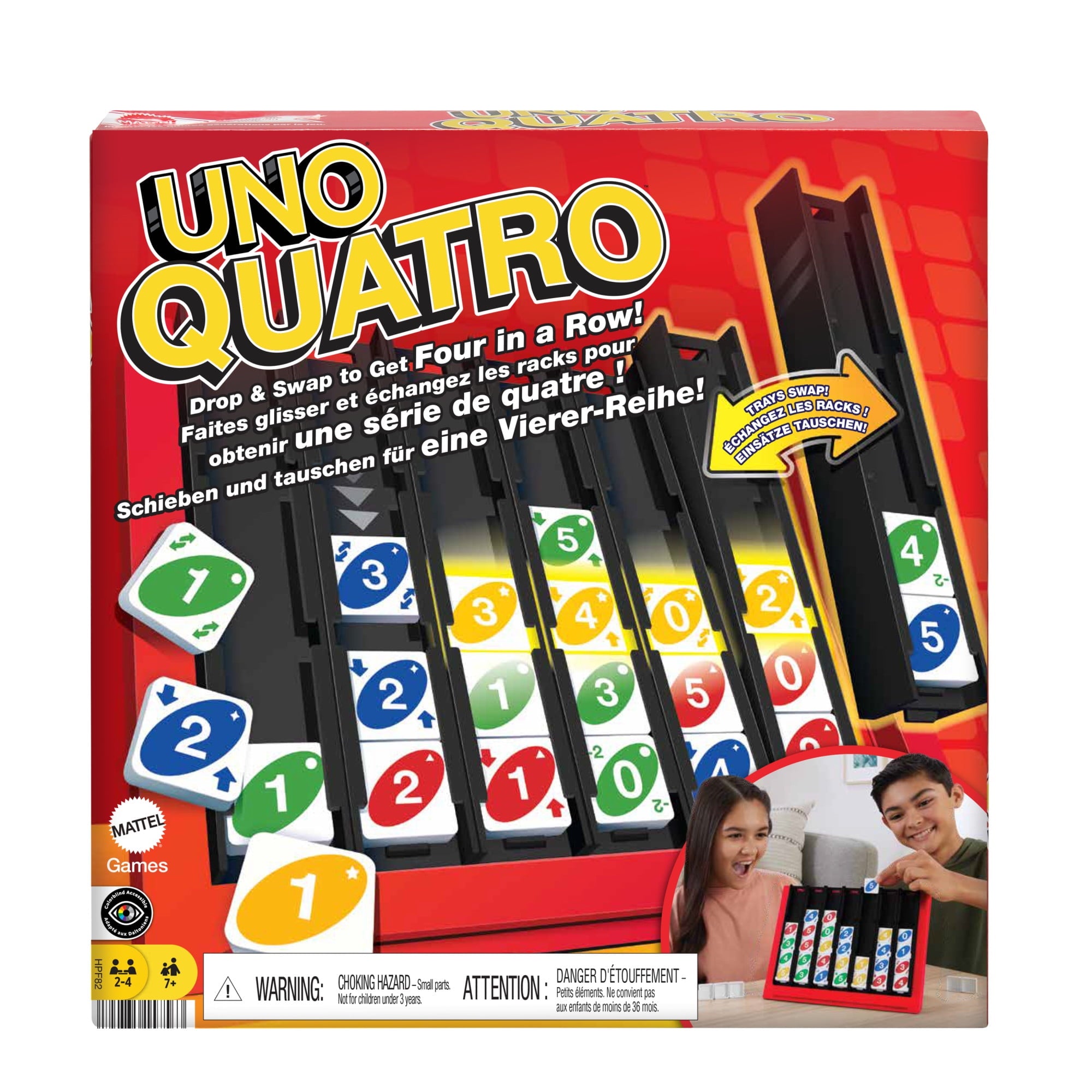 UNO Quatro Strategy Family Board Game with Colored Tiles Grid