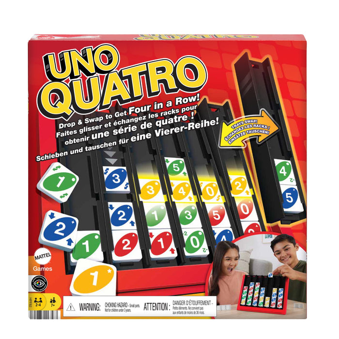UNO Quatro Strategy Family Board Game with Colored Tiles Grid