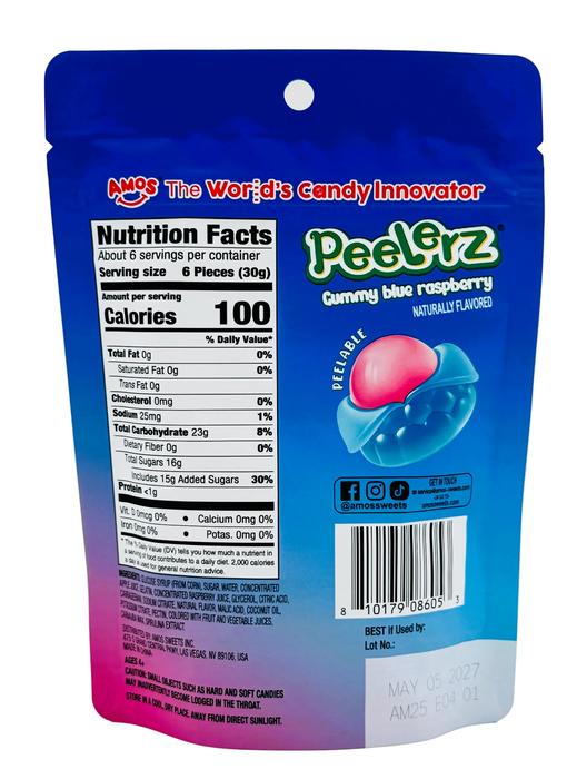 Amos Peelerz Blue Raspberry Gummy Candy 6 oz