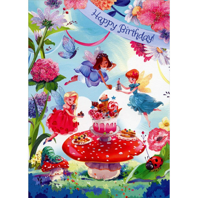 Fairies, Flowers, Desserts and Mushroom Table Juvenile Birthday Card for Girls