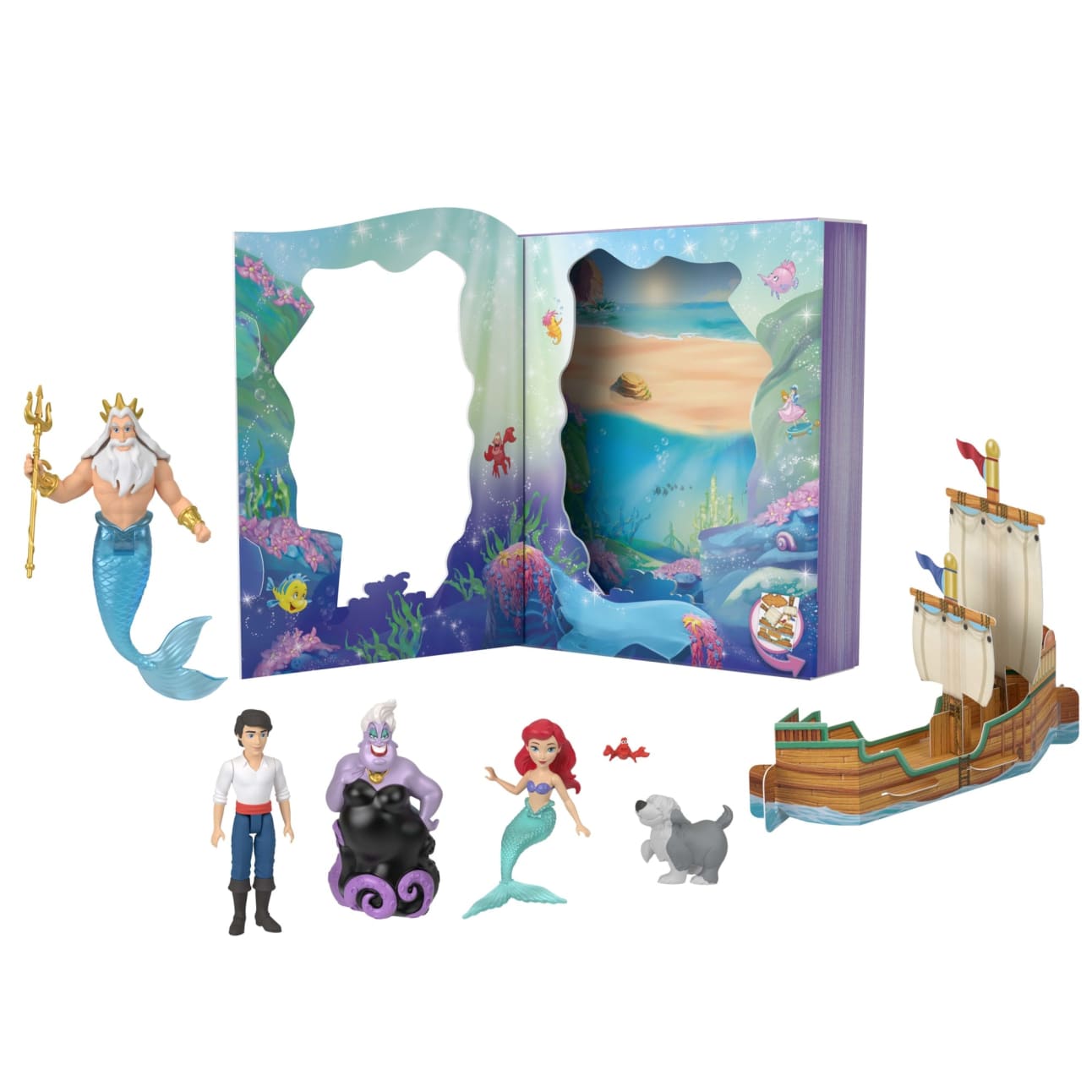 Disney Princess Ariel Mermaid Storybook Set With 4 Small Dolls, 2 Figures & 1 Accessory From Movie