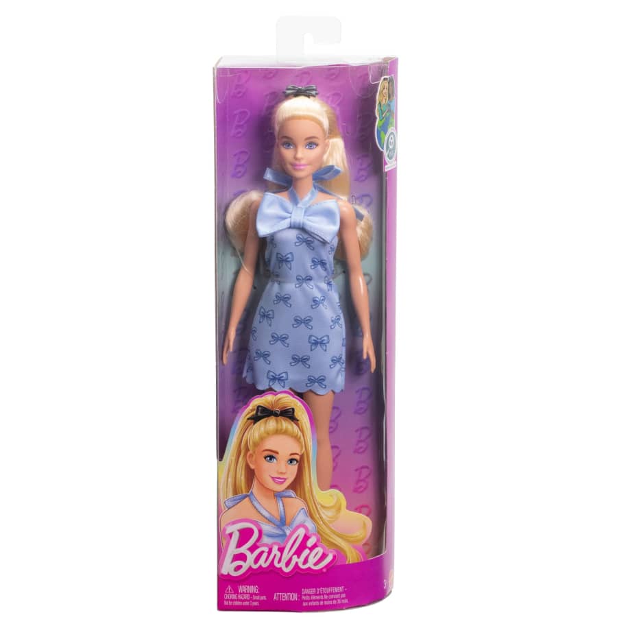 Barbie Fashionistas Doll in Blue Bow Halter Dress, Blonde Ponytail With Bow Accessory