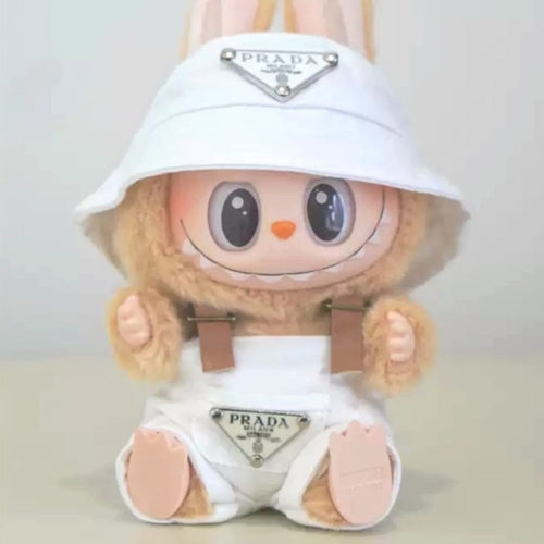 Designer White Bucket Hat And Overalls Labubu Outfit