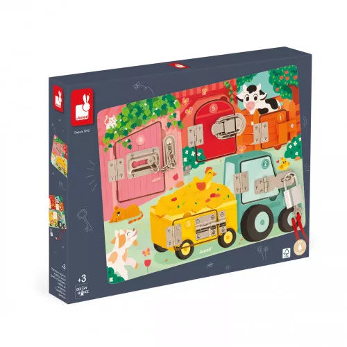 Janod Farmyard Padlocks Busy Board: Educational Locks & Latches Activity Toy
