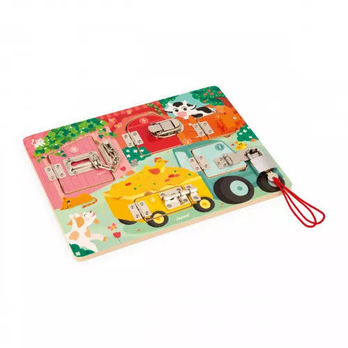 Janod Farmyard Padlocks Busy Board: Educational Locks & Latches Activity Toy