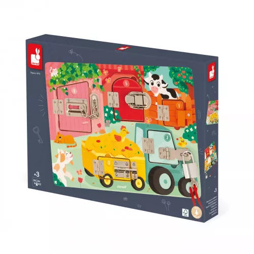 Janod Farmyard Padlocks Busy Board: Educational Locks & Latches Activity Toy