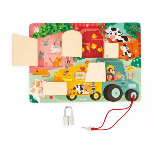 Janod Farmyard Padlocks Busy Board: Educational Locks & Latches Activity Toy