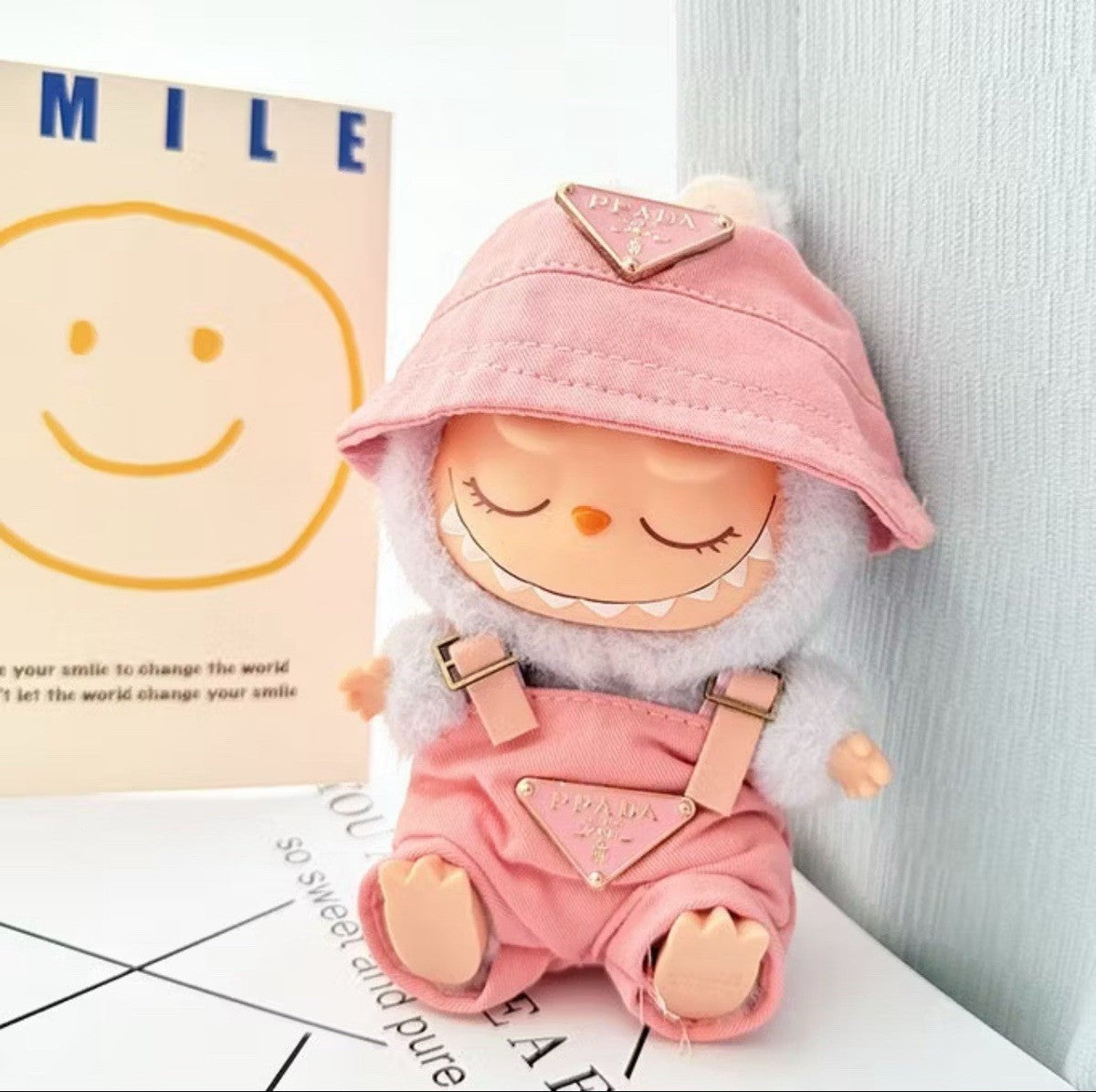 Designer Pink Bucket Hat And Overalls Labubu Outfit